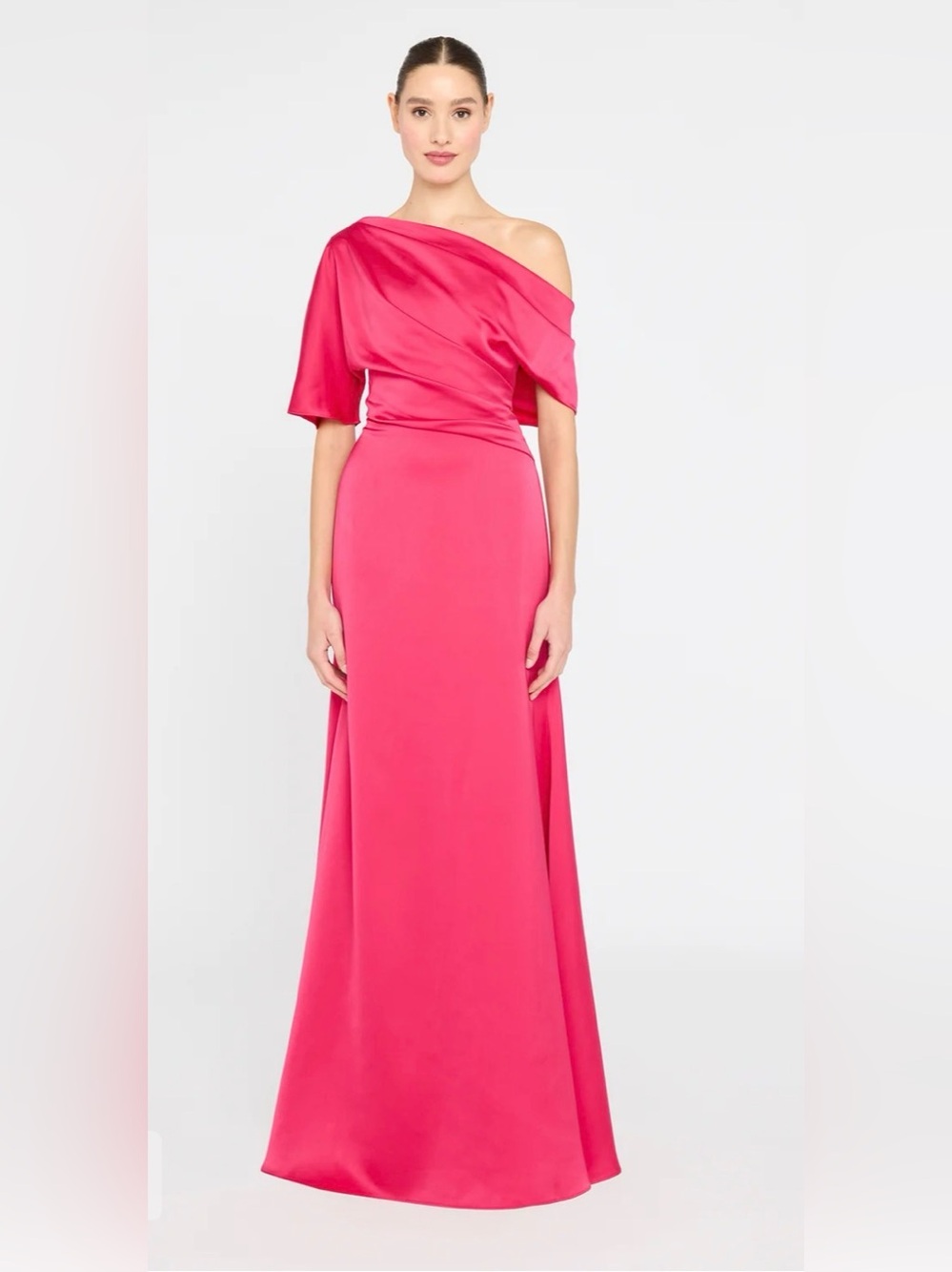 Theia Remi One-Shoulder Draped Satin Gown in Fuchsia Pink